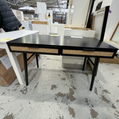 SAMPLE - BLACK DESK 1200MM WIDE, RATTAN FEATURE SOLD AS IS SAMPLE - BLACK DESK 1200MM WIDE, RATTAN FEATURE SOLD AS IS