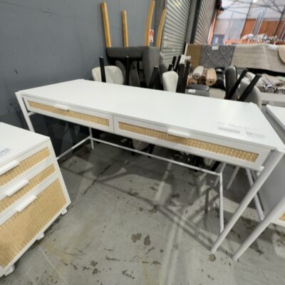 SAMPLE - WHITE DESK WITH RATTAN FEATURE ON DRAWERS, 2 DRAWERS, SOLD AS IS SAMPLE - WHITE DESK WITH RATTAN FEATURE ON DRAWERS, 2 DRAWERS, SOLD AS IS