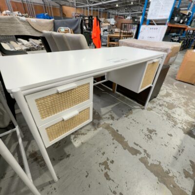 SAMPLE - WHITE DESK 1400MM WITH RATTAN FEATURE ON DRAWERS, 3 DRAWERS, SOLD AS IS