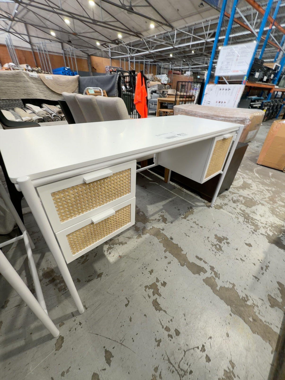 SAMPLE - WHITE DESK 1400MM WITH RATTAN FEATURE ON DRAWERS, 3 DRAWERS, SOLD AS IS SAMPLE - WHITE DESK 1400MM WITH RATTAN FEATURE ON DRAWERS, 3 DRAWERS, SOLD AS IS