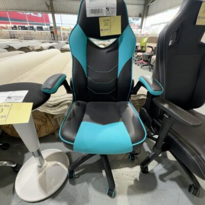SAMPLE - BLACK & BLUE GAMING CHAIR, WITH ADJUSTABLE HEIGHT, FLIP UP ARMS, 120KG, RRP$169, SOLD AS IS