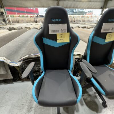 SAMPLE - BLACK & BLUE PU GAMING CHAIR, ADJUSTABLE, WEIGHT 120KG, RRP$99 SOLD AS IS