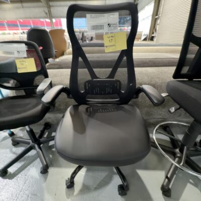 SAMPLE - BLACK MESH HIGH BACK OFFICE CHAIR, FLIP UP ARMS, ADJUSTABLE WEIGHT 130KG RRP$239 SOLD AS IS