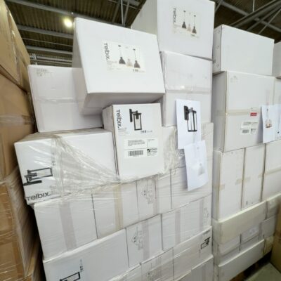 PALLET OF NEW ASSORTED DESIGNER LIGHTING INCLUDING NEW HAMPTON STYLE REESE BLACK EXTERIOR WALL LIGHT RRP$259 EACH & WHITE FABRICA PENDANT LIGHT RRP$120 EACH PALLET OF NEW ASSORTED DESIGNER LIGHTING INCLUDING NEW HAMPTON STYLE REESE BLACK EXTERIOR WALL LIGHT RRP$259 EACH & WHITE FABRICA PENDANT LIGHT RRP$120 EACH