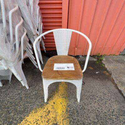 EX HIRE, WHITE METAL STACKABLE CHAIR WITH TIMBER SEAT, SOLD AS IS