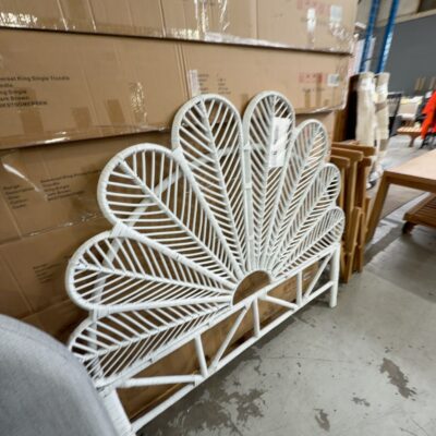 EX DISPLAY HOME STAGING FURNITURE - WHITE CANE FAN BEDHEAD, QUEEN SIZE, SOLD AS IS