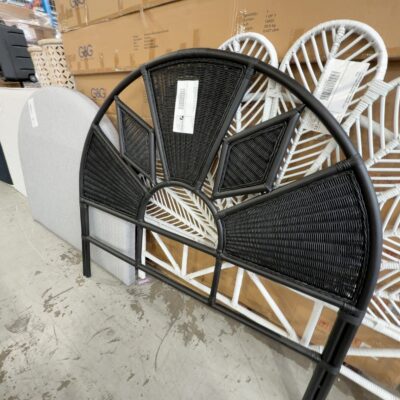 EX DISPLAY HOME STAGING FURNITURE - BLACK CANE ARCHED BEDHEAD, QUEEN SIZE, SOLD AS IS