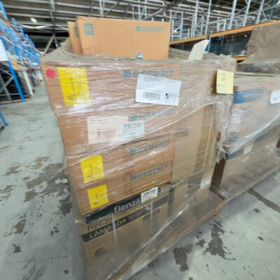 PALLET OF FIENZA LAMBADA BACK TO WALL TOILET PANS WITH GEBERIT IN WALL CISTERNS, SOLD AS IS
