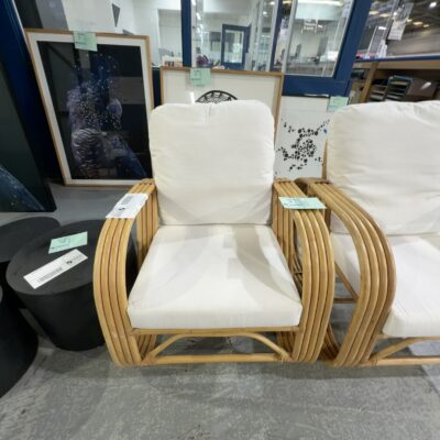 EX STAGING FURNITURE - ROLLED CANE PATIO CHAIR, WHITE CUSHIONS, SOLD AS IS EX STAGING FURNITURE - ROLLED CANE PATIO CHAIR, WHITE CUSHIONS, SOLD AS IS