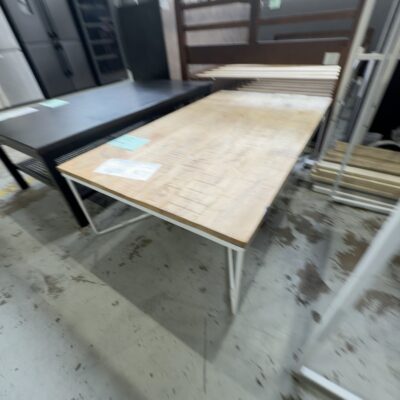 EX STAGING FURNITURE - TIMBER COFFEE TABLE ON WHITE METAL FRAME SOLD AS IS EX STAGING FURNITURE - TIMBER COFFEE TABLE ON WHITE METAL FRAME SOLD AS IS