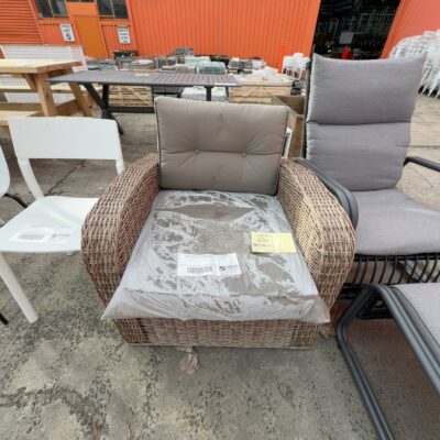 SAMPLE FURNITURE - OUTDOOR SINGLE RATTAN ARMCHAIR WITH CUSHIONS, RRP$650 SAMPLE FURNITURE - OUTDOOR SINGLE RATTAN ARMCHAIR WITH CUSHIONS, RRP$650