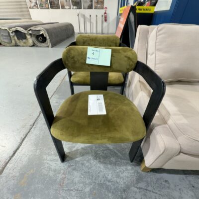 EX STAGING - GREEN ARMCHAIR WITH BLACK TIMBER FRAME, SOLD AS IS