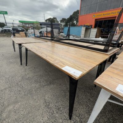 EX STAGING - TIMBER OUTDOOR TABLE WITH BLACK METAL FRAME 2400MM SOLD AS IS EX STAGING - TIMBER OUTDOOR TABLE WITH BLACK METAL FRAME 2400MM SOLD AS IS