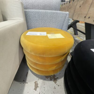 EX HIRE - DARK GOLD VELVET ROUND OTTOMAN, SOLD AS IS