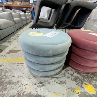 EX HIRE - LIGHT BLUE VELVET ROUND OTTOMAN, SOLD AS IS