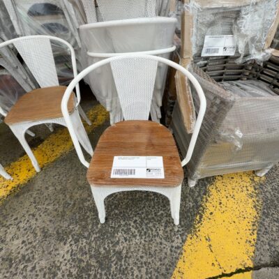 EX HIRE, WHITE METAL STACKABLE CHAIR WITH TIMBER SEAT, SOLD AS IS EX HIRE, WHITE METAL STACKABLE CHAIR WITH TIMBER SEAT, SOLD AS IS