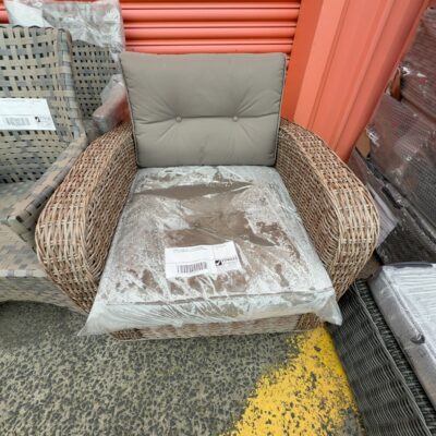 SAMPLE FURNITURE - OUTDOOR SINGLE RATTAN ARMCHAIR WITH CUSHIONS, RRP$650 SAMPLE FURNITURE - OUTDOOR SINGLE RATTAN ARMCHAIR WITH CUSHIONS, RRP$650
