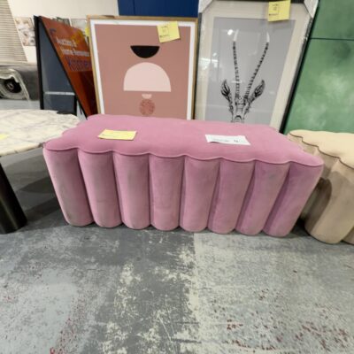 EX HIRE - PINK VELVET FLUTED OTTOMAN, SOLD AS IS