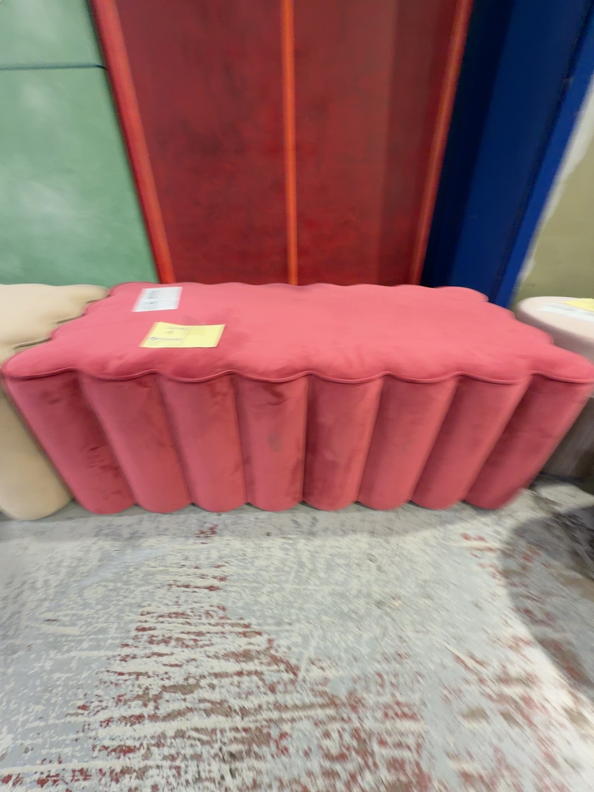 EX HIRE - CORAL PINK VELVET FLUTED OTTOMAN, SOLD AS IS