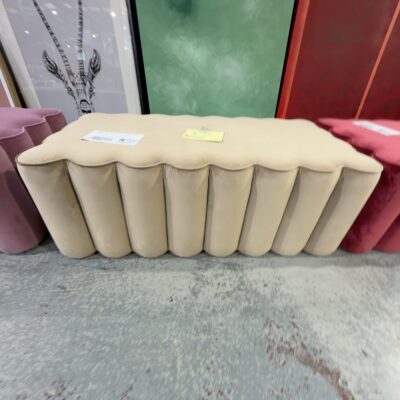 EX HIRE - BEIGE VELVET FLUTED OTTOMAN, SOLD AS IS