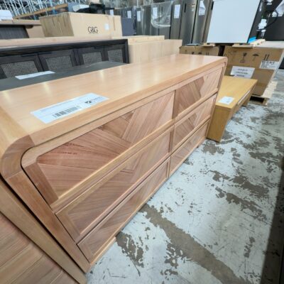 EX DISPLAY EVA DRESSER, CURVED MESSMATE TIMBER WITH HERRINGBONE DRAWERS, SOLD AS IS