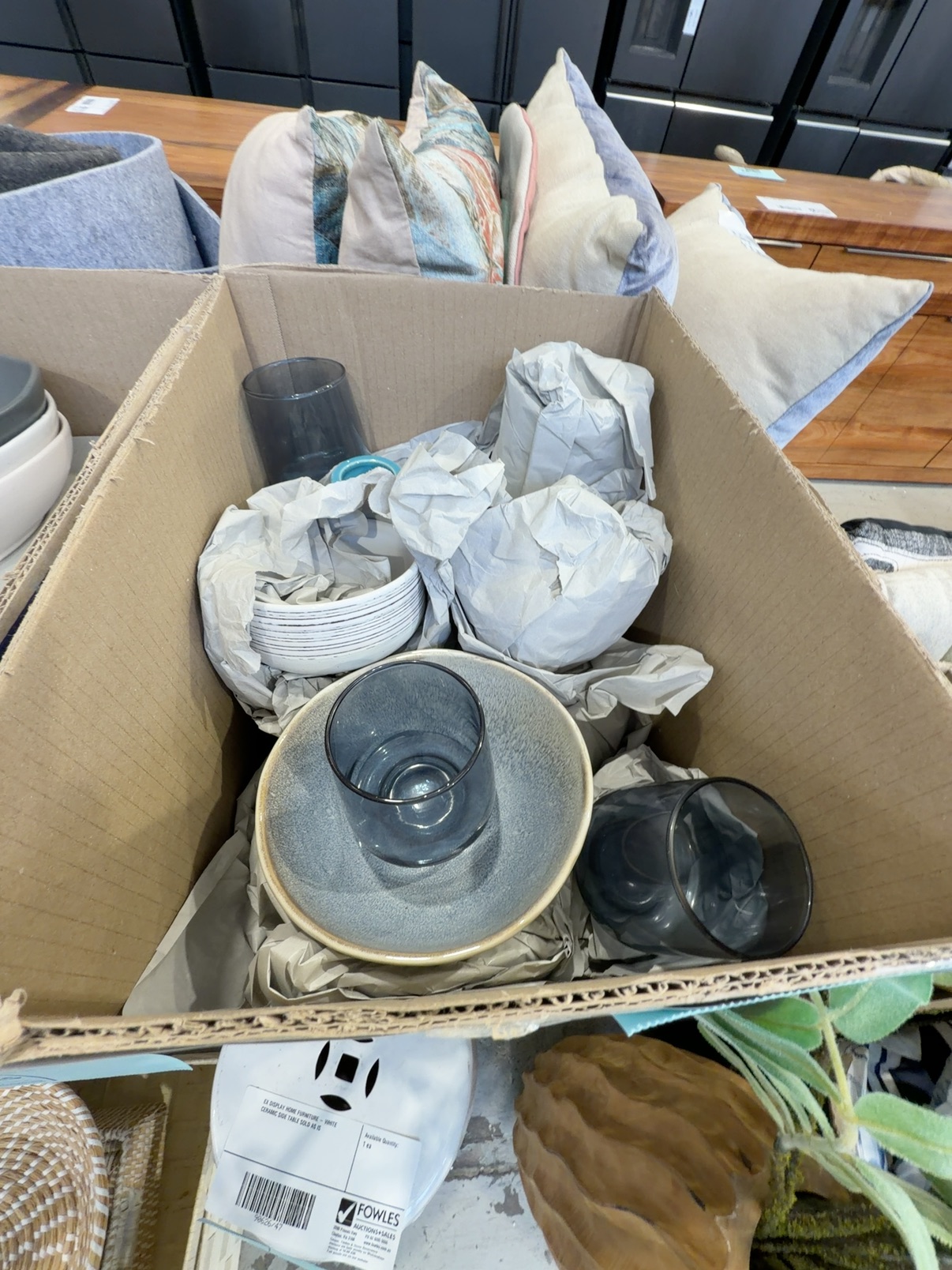 EX DISPLAY HOME FURNITURE - BOX OF ASSORTED DINNERWARE SOLD AS IS EX DISPLAY HOME FURNITURE - BOX OF ASSORTED DINNERWARE SOLD AS IS