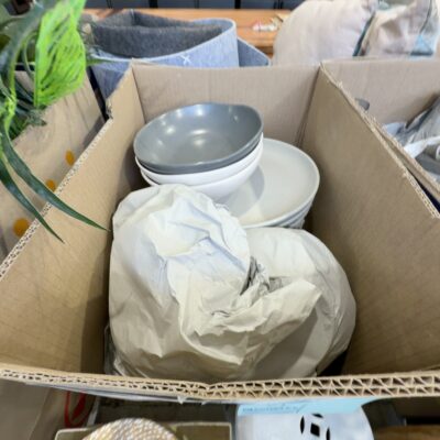 EX DISPLAY HOME FURNITURE - BOX OF ASSORTED DINNERWARE SOLD AS IS EX DISPLAY HOME FURNITURE - BOX OF ASSORTED DINNERWARE SOLD AS IS