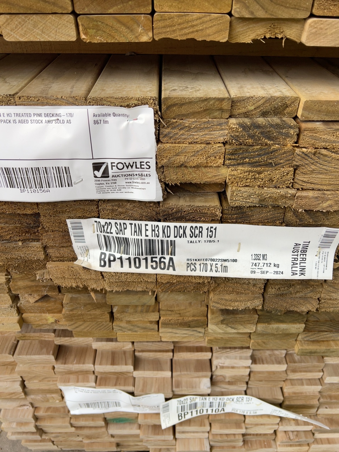 70X22 TAN E H3 TREATED PINE DECKING-170/5.1 (THIS PACK IS AGED STOCK AND SOLD AS IS) 70X22 TAN E H3 TREATED PINE DECKING-170/5.1 (THIS PACK IS AGED STOCK AND SOLD AS IS)