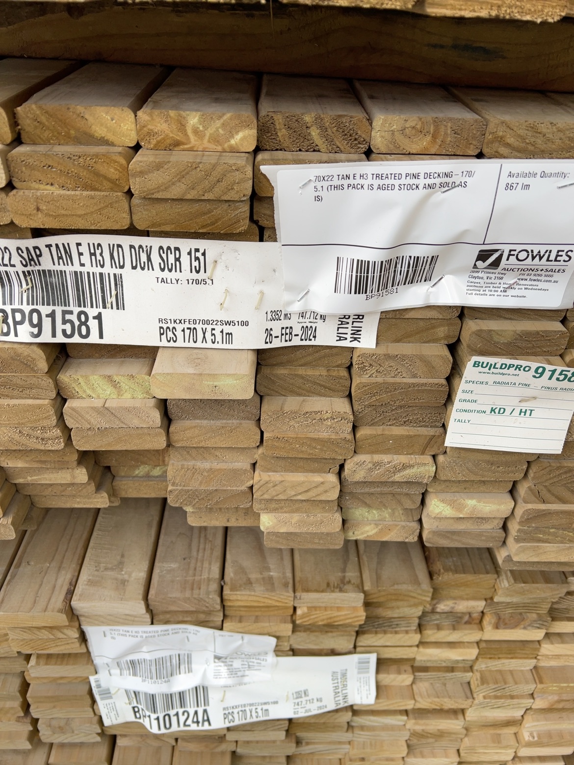 70X22 TAN E H3 TREATED PINE DECKING-170/5.1 (THIS PACK IS AGED STOCK AND SOLD AS IS) 70X22 TAN E H3 TREATED PINE DECKING-170/5.1 (THIS PACK IS AGED STOCK AND SOLD AS IS)