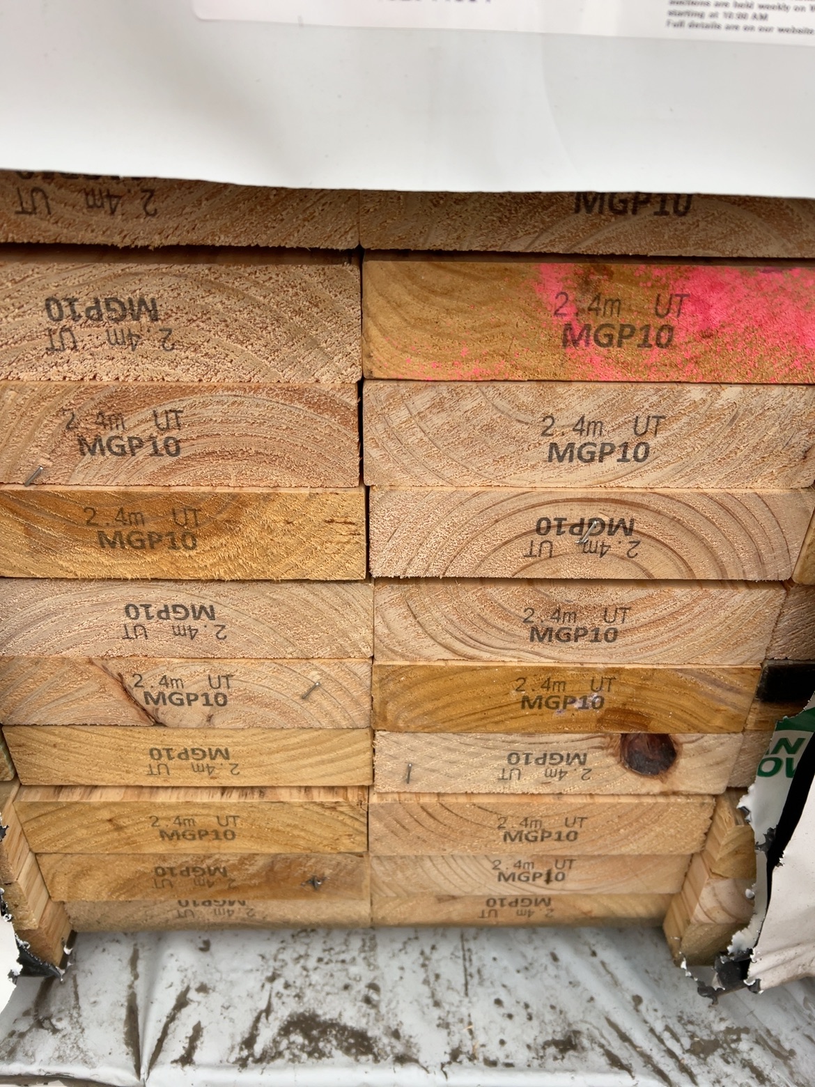 190X45 MGP10 PINE-56/2.4 (THIS PACK IS AGED STOCK AND SOLD AS IS) 190X45 MGP10 PINE-56/2.4 (THIS PACK IS AGED STOCK AND SOLD AS IS)