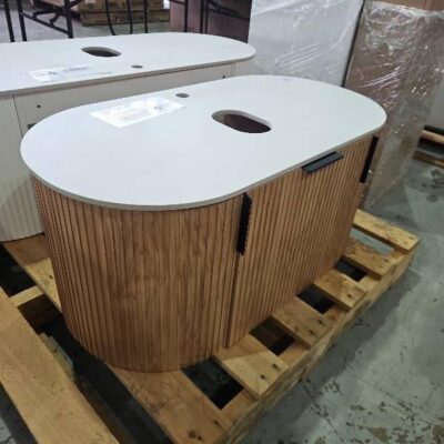 EX SHOWROOM DISPLAY 900MM OAK FLUTED WALL HUNG CURVED VANITY WITH WHITE STONE TOP, SOLD AS IS
