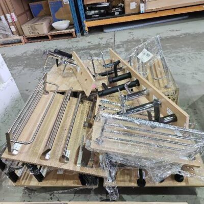 PALLET OF EX SHOWROOM DISPLAY BOARDS WITH TAPS AND VARIOUS BATHROOM ACCESSORIES SOLD AS IS  NO WARRANTY