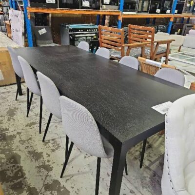 EX DISPLAY HOME STAGING FURNITURE - 2400MM BLACK OAK DINING TABLE WITH 8 MATCHING GREY CHAIRS, SOLD AS IS EX DISPLAY HOME STAGING FURNITURE - 2400MM BLACK OAK DINING TABLE WITH 8 MATCHING GREY CHAIRS, SOLD AS IS