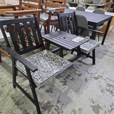 SAMPLE - BLACK OUTDOOR 2 SEATER BENCH WITH CENTRAL TABLE, SOLD AS IS SAMPLE - BLACK OUTDOOR 2 SEATER BENCH WITH CENTRAL TABLE, SOLD AS IS