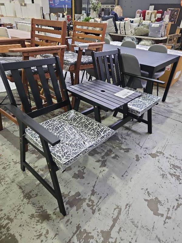 SAMPLE - BLACK OUTDOOR 2 SEATER BENCH WITH CENTRAL TABLE, SOLD AS IS SAMPLE - BLACK OUTDOOR 2 SEATER BENCH WITH CENTRAL TABLE, SOLD AS IS