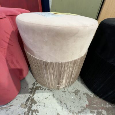 EX HIRE - PINK VELVET ROUND OTTOMAN WITH TASSLES, SOLD AS IS