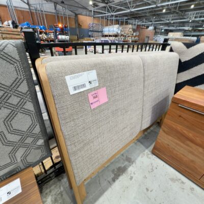 EX DISPLAY LEONARD QUEEN SIZE BEDHEAD ONLY, MESSMATE TIMBER AND BEIGE UPHOLSTERED SOLD AS IS EX DISPLAY LEONARD QUEEN SIZE BEDHEAD ONLY, MESSMATE TIMBER AND BEIGE UPHOLSTERED SOLD AS IS