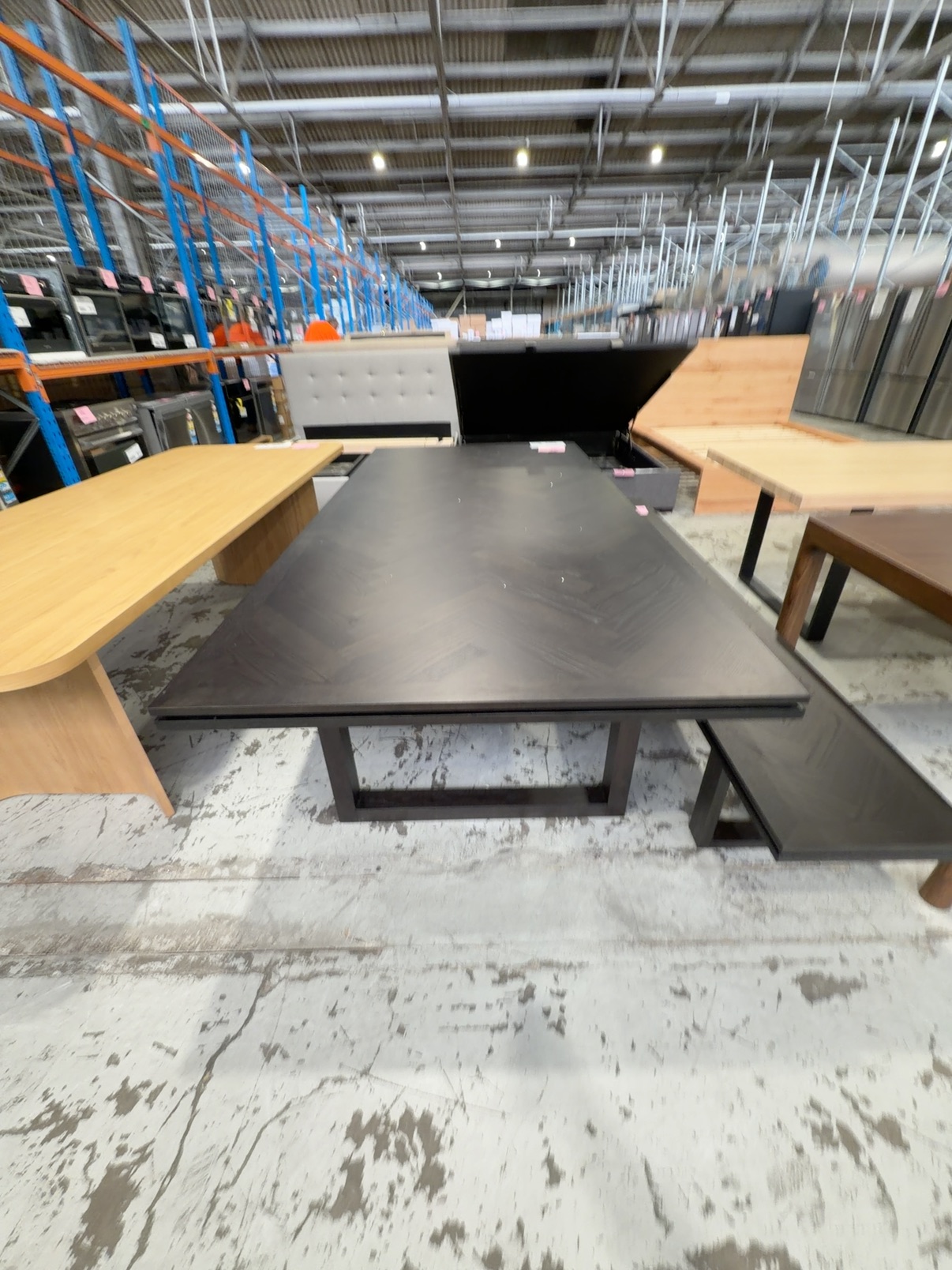 NEW DISCONTINUED FURNITURE - ADLEY DINING TABLE 2500MM, JAPAN BLACK FINISH, HERRINGBONE DESIGN NEW DISCONTINUED FURNITURE - ADLEY DINING TABLE 2500MM, JAPAN BLACK FINISH, HERRINGBONE DESIGN