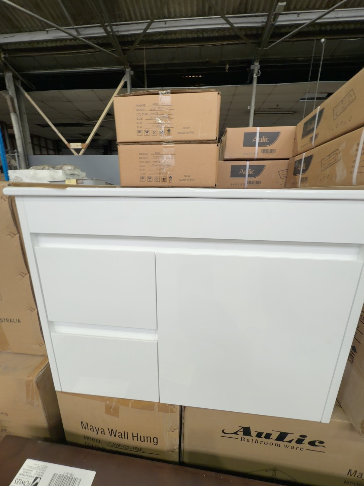 NEW AULIC MAYA WALL HUNG 750MM GLOSS WHITE VANITY, LEFT HAND DRAWER, WITH CERAMIC TOP CAWH22-750L-CT27 RRP$879 NEW AULIC MAYA WALL HUNG 750MM GLOSS WHITE VANITY, LEFT HAND DRAWER, WITH CERAMIC TOP CAWH22-750L-CT27 RRP$879