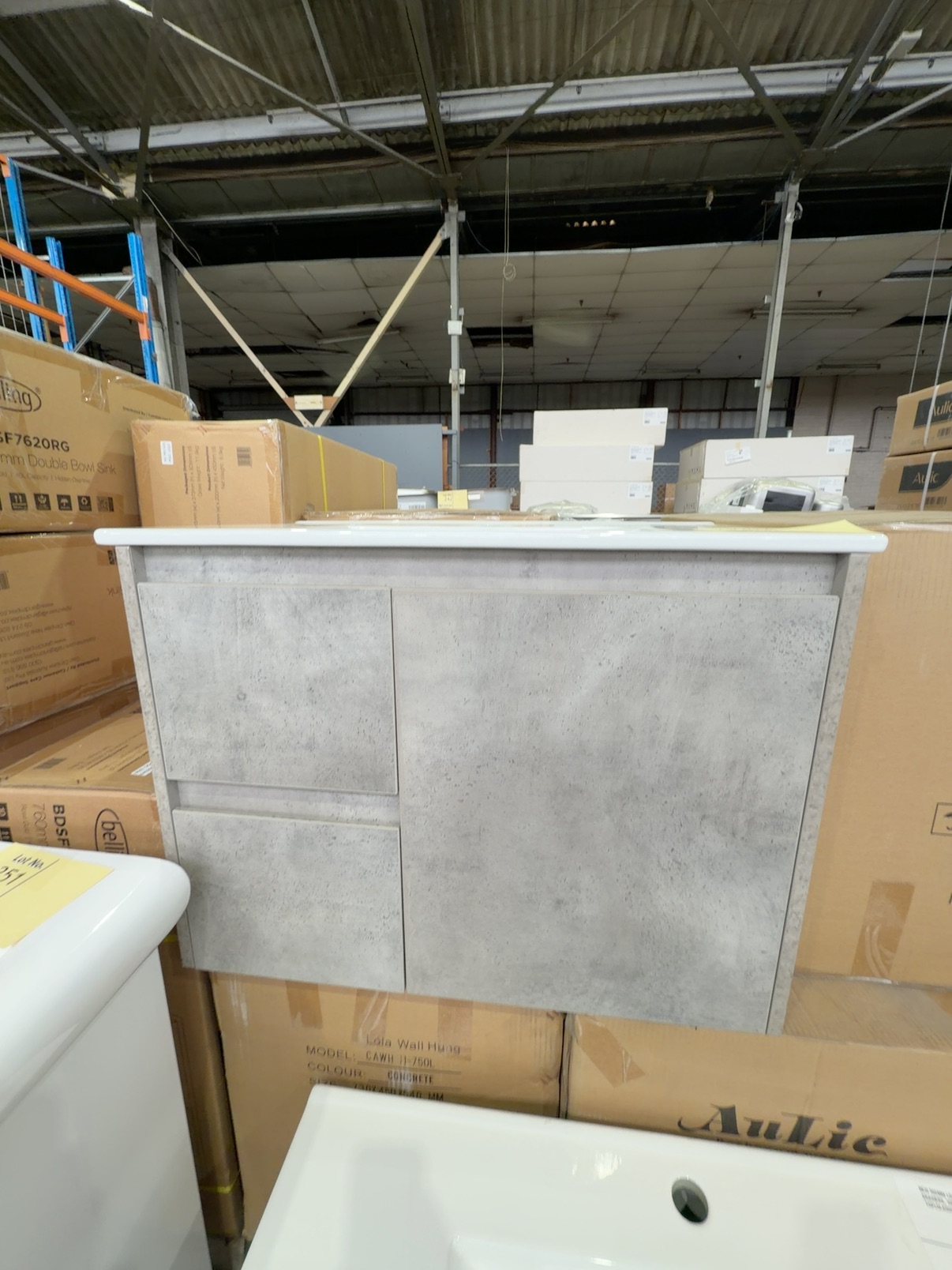 NEW AULIC LOLA CONCRETE GREY WALL HUNG 750MM VANITY, DRAWERS LEFT, WITH CERAMIC TOP RRP$969 CAWH11-750L-CT28 NEW AULIC LOLA CONCRETE GREY WALL HUNG 750MM VANITY, DRAWERS LEFT, WITH CERAMIC TOP RRP$969 CAWH11-750L-CT28
