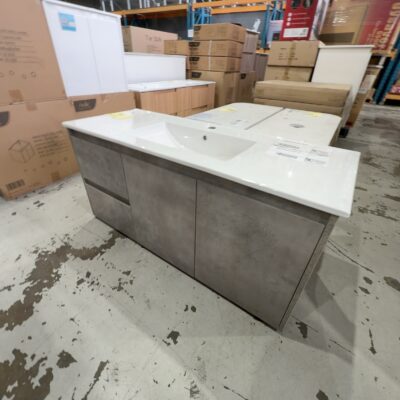NEW AULIC LOLA CONCRETE GREY WALL HUNG 1200MM VANITY, DRAWERS LEFT, WITH CERAMIC TOP RRP$1465 CAWH11-1200L-CT28 NEW AULIC LOLA CONCRETE GREY WALL HUNG 1200MM VANITY, DRAWERS LEFT, WITH CERAMIC TOP RRP$1465 CAWH11-1200L-CT28