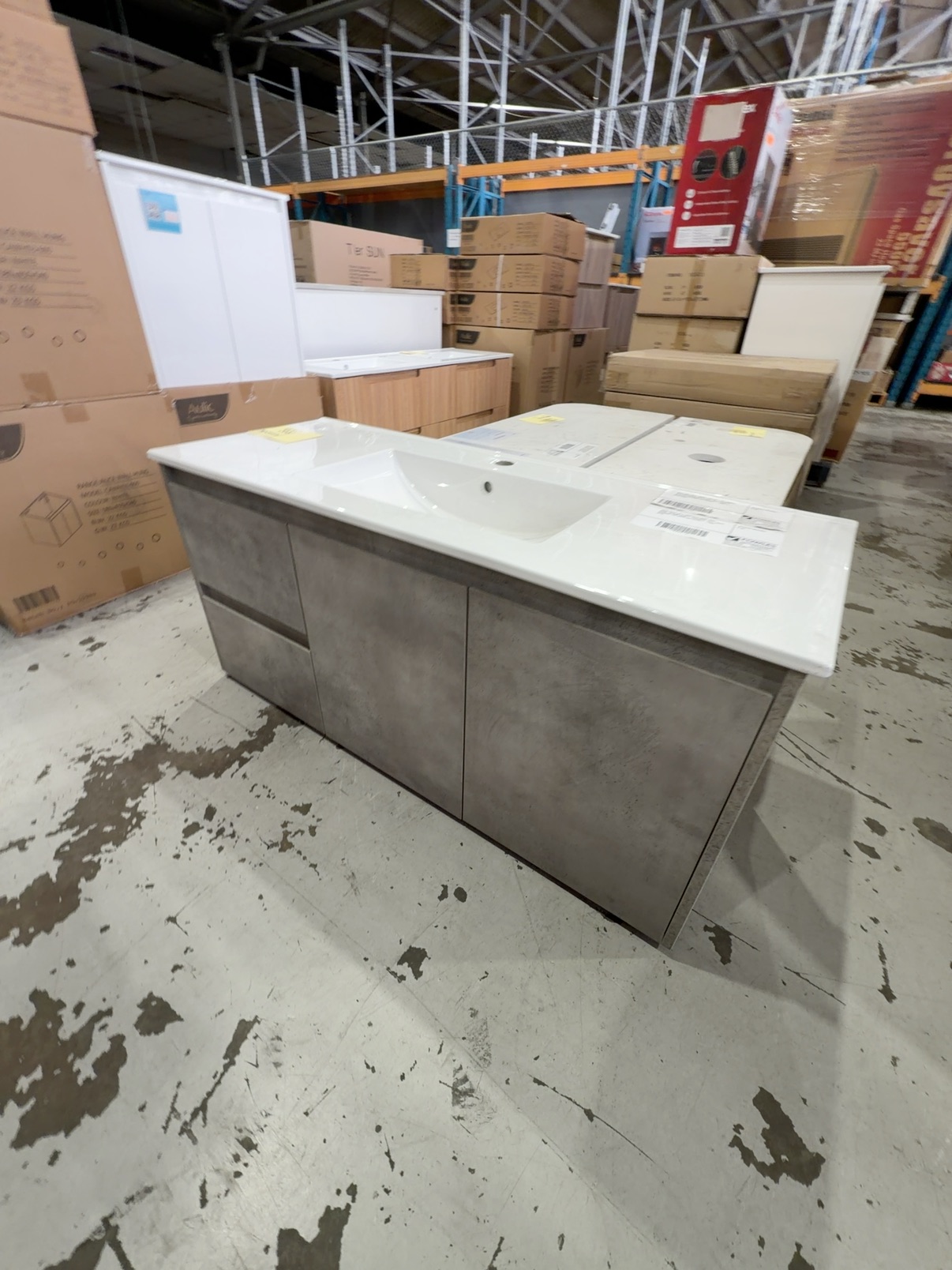 NEW AULIC LOLA CONCRETE GREY WALL HUNG 1200MM VANITY, DRAWERS LEFT, WITH CERAMIC TOP RRP$1465 CAWH11-1200L-CT28 NEW AULIC LOLA CONCRETE GREY WALL HUNG 1200MM VANITY, DRAWERS LEFT, WITH CERAMIC TOP RRP$1465 CAWH11-1200L-CT28
