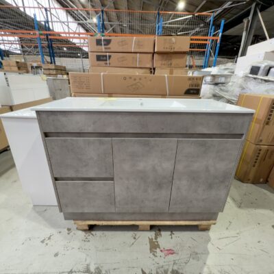 NEW LOLA CONCRETE GREY 1200MM FLOOR VANITY WITH LEFT HAND DRAWERS, WITH CERAMIC TOP RRP$1465, CA11-1200L-CT28 NEW LOLA CONCRETE GREY 1200MM FLOOR VANITY WITH LEFT HAND DRAWERS, WITH CERAMIC TOP RRP$1465, CA11-1200L-CT28
