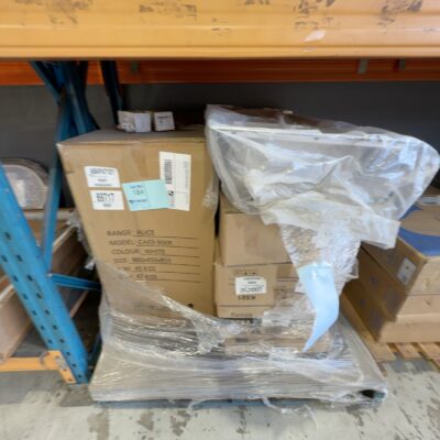 PALLET OF ASSORTED GOODS INCLUDING ALICE 900 VANITY, SINKS & FIENZA VANITY BOWLS, SOLD AS IS PALLET OF ASSORTED GOODS INCLUDING ALICE 900 VANITY, SINKS & FIENZA VANITY BOWLS, SOLD AS IS
