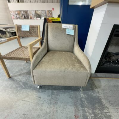 EX DISPLAY HOME FURNITURE - BEIGE VELVET ARMCHAIR, SOLD AS IS