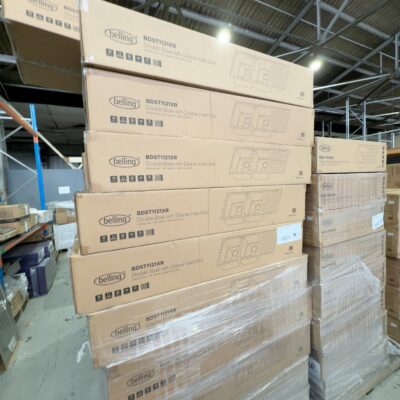 PALLET OF NEW BOXED BELLING KITCHEN SINKS, 1180MM, DOUBLE BOWL SINK, BDST1121XR QTY 21 PALLET OF NEW BOXED BELLING KITCHEN SINKS, 1180MM, DOUBLE BOWL SINK, BDST1121XR QTY 21
