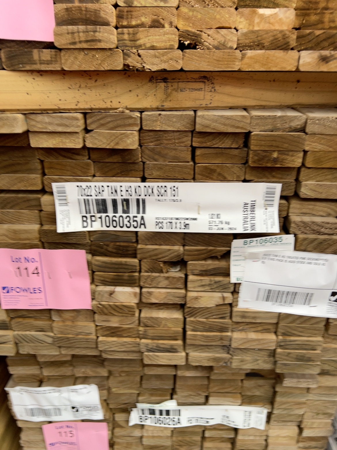 70X22 TAN E H3 TREATED PINE DECKING-170/3.9 (THIS PACK IS AGED STOCK AND SOLD AS IS) 70X22 TAN E H3 TREATED PINE DECKING-170/3.9 (THIS PACK IS AGED STOCK AND SOLD AS IS)