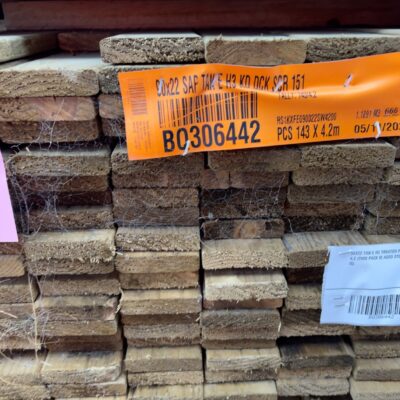 90X22 TAN E H3 TREATED PINE DECKING-143/4.2 (THIS PACK IS AGED STOCK AND SOLD AS IS) 90X22 TAN E H3 TREATED PINE DECKING-143/4.2 (THIS PACK IS AGED STOCK AND SOLD AS IS)