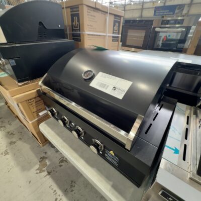 EX DISPLAY EURO 900MM BLACK BUILT IN BBQ, 4 BURNER WITH HOOD, LPG, CAST IRON GRILL & GRIDDLE, EAL900EBBQBL, WITH 3 MONTH WARRANTY
