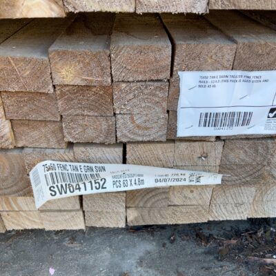 75X50 TAN E SAWN TREATED PINE FENCE RAILS-63/4.8 (THIS PACK IS AGED STOCK AND SOLD AS IS) 75X50 TAN E SAWN TREATED PINE FENCE RAILS-63/4.8 (THIS PACK IS AGED STOCK AND SOLD AS IS)